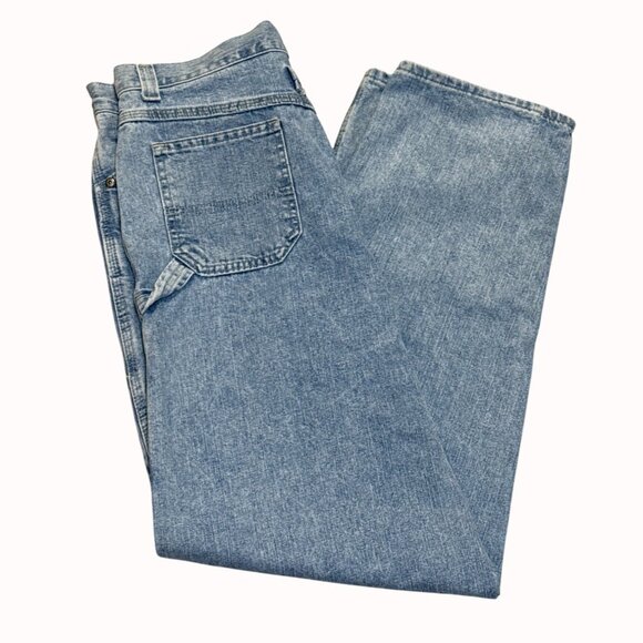 High Waisted Carpenter Jeans Size 14 Light Wash VTG 80s Riveted By Lee USA Made - Picture 1 of 15